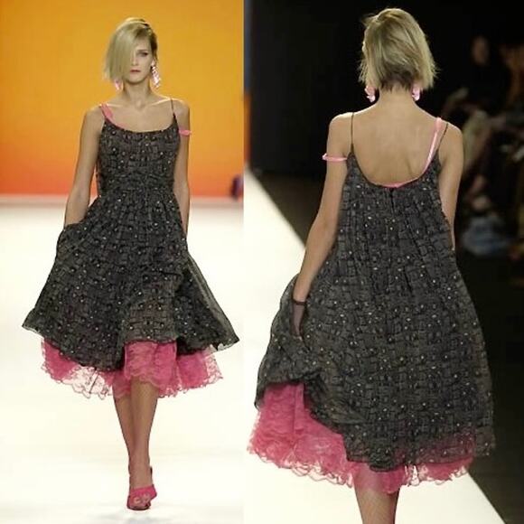 Vintage Anna Sui Archival Party Dress Black Lace Sparkling Print Pink Skirt - Picture 12 of 13